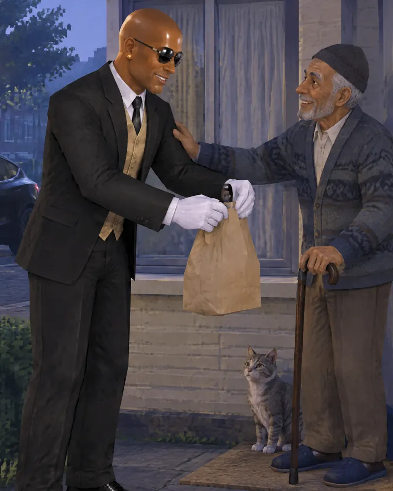De Butler geeft een oudere man in de deuropening een zakje van de apotheek; een kat zit tussen hen in.
