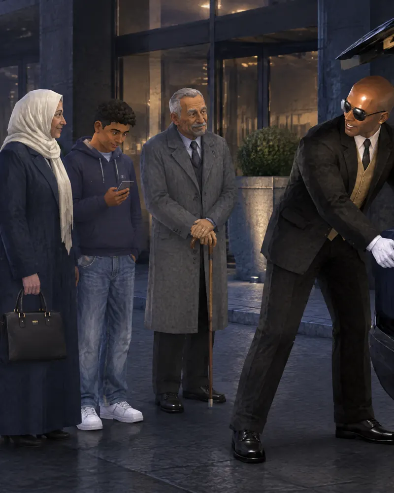 De Butler laadt een koffer in de auto voor een familie van drie generaties bij een hotelingang.