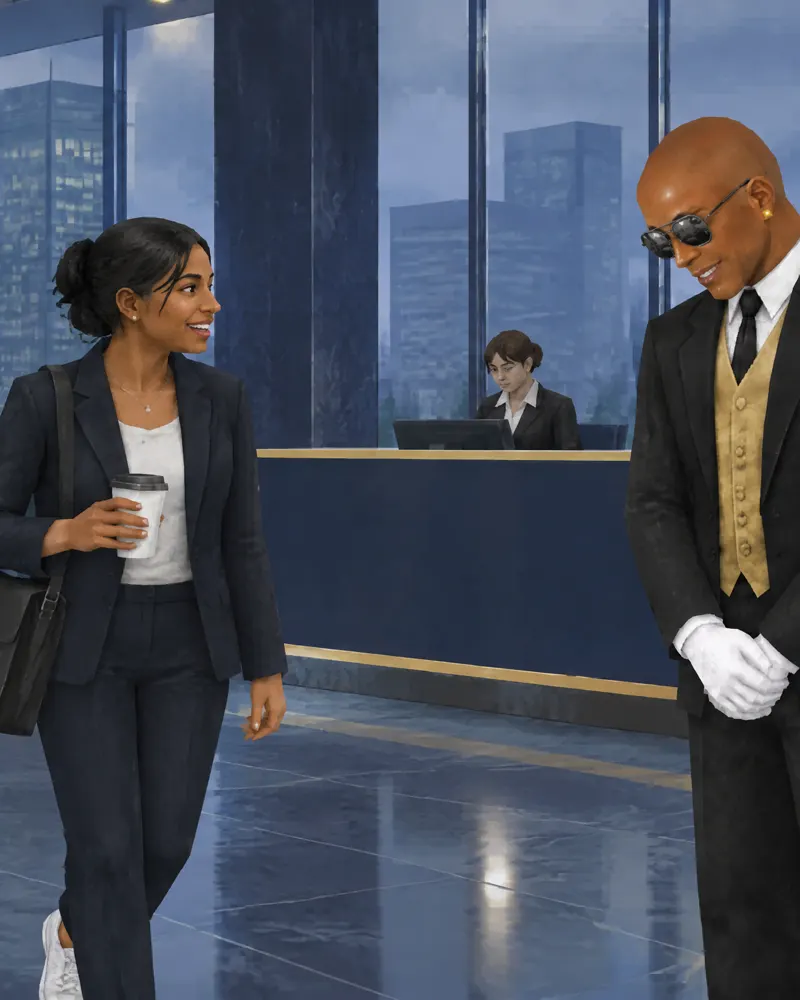 De Butler buigt het hoofd voor een zakenvrouw en haar collega in een glazen lobby op de Zuidas.
